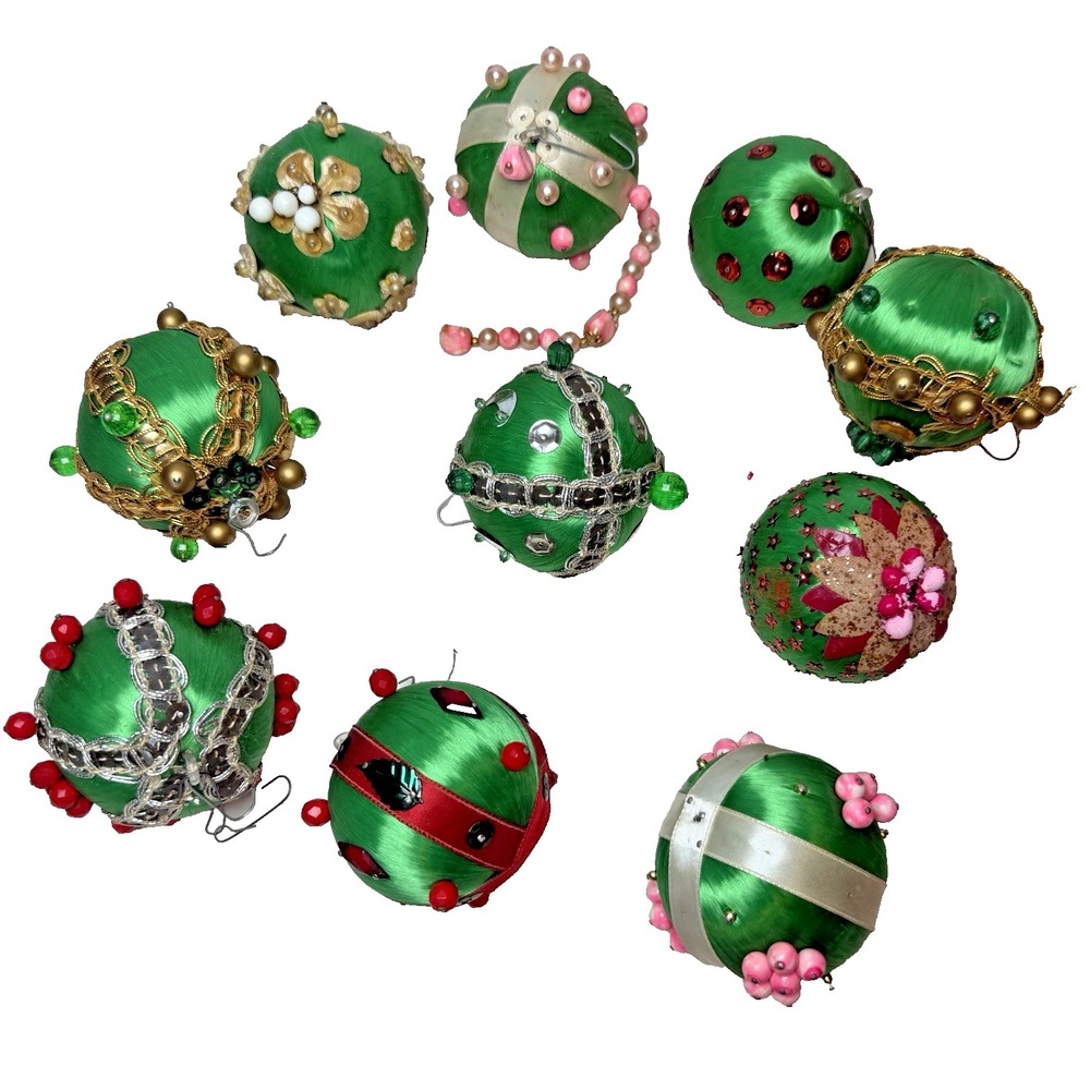 Beaded Sequins Satin Push Pin Christmas Ornaments Lot of 10 Green Handmade 70's